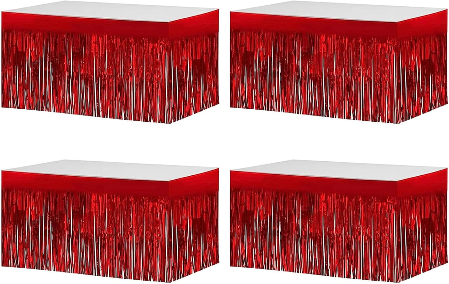 4 Pack Metallic Foil Fringe Tinsel Table Skirts,29x108 Inch Party Disposable Table Skirt Banner for Hotel Banquet Parade Floats Mardi Gras Holiday Birthday Wedding New Year Party Decoration(Red)