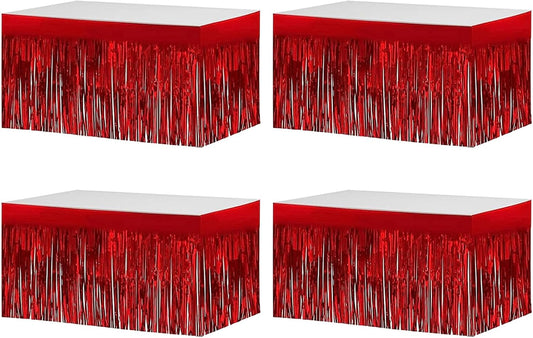 4 Pack Metallic Foil Fringe Tinsel Table Skirts,29x108 Inch Party Disposable Table Skirt Banner for Hotel Banquet Parade Floats Mardi Gras Holiday Birthday Wedding New Year Party Decoration(Red)