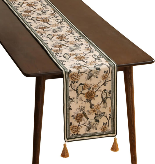 ISAENNE Designer Vintage Beige Linen Table Runner 87 Inches Long,Elegant Floral and Bird Pattern Decor Table Runners for Dining Tables,Thanksgiving,Christmas,Banquet,Party,12"*87"-Murad A