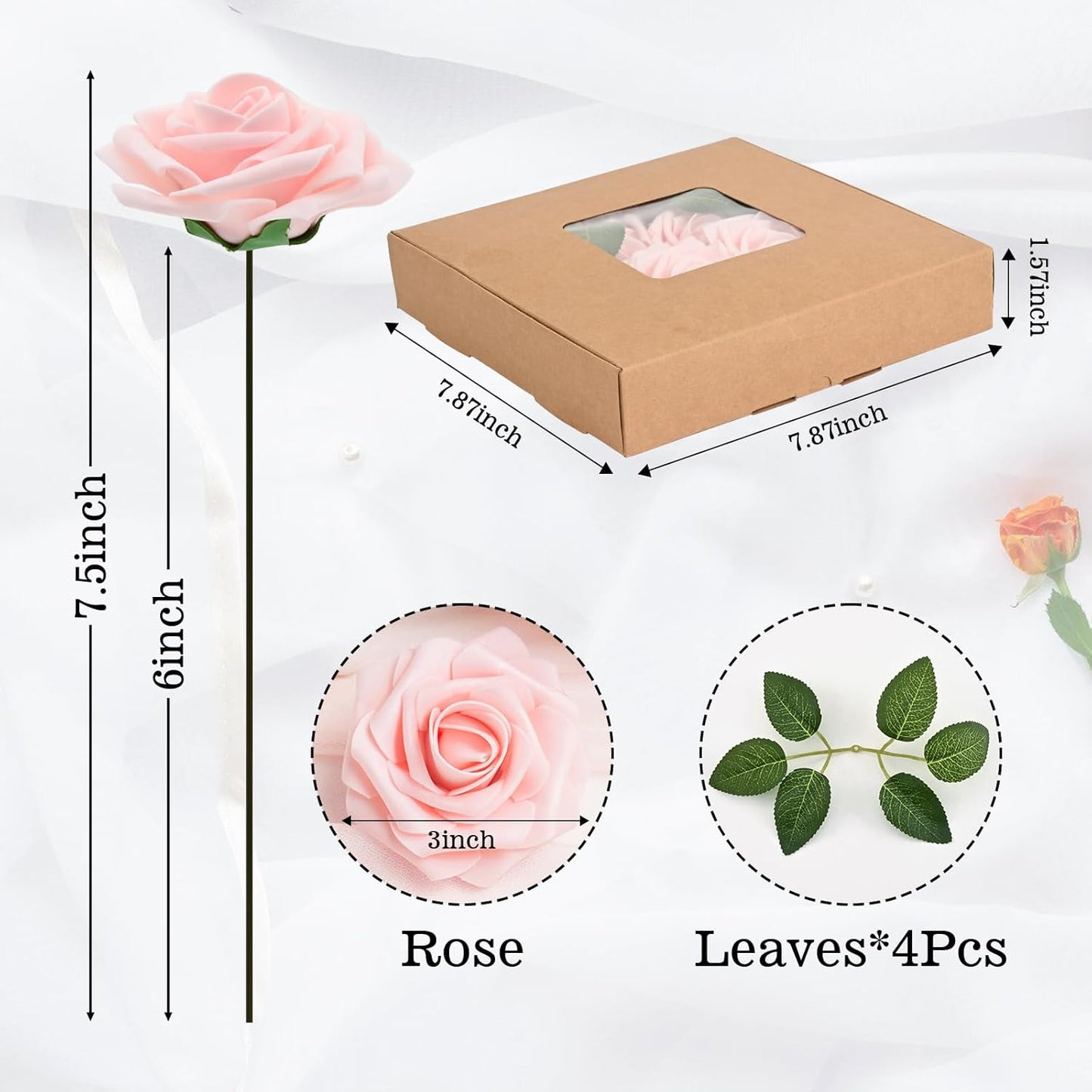 BLEUM CADE 16Pcs Artificial Flowers Fake Roses with Stems, Pink Boxed Foam Roses for DIY Bouquets Centerpieces Wedding Party Arrangement Bridal Shower Decor