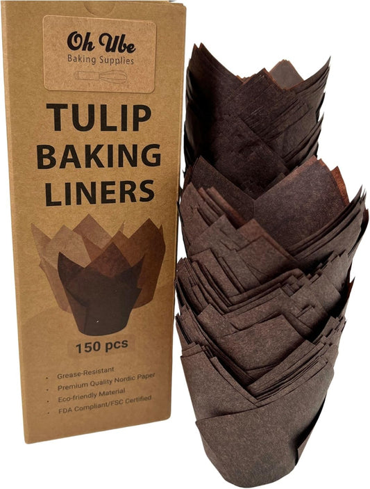 150-Pack Nordic Paper Brown Tulip Muffin Liners for Baking - Odorless, Non toxic Cup, Grease-Resistant Cupcake Wrappers for All Occasions - Perfect for Weddings, Birthdays, Showers! (Brown)