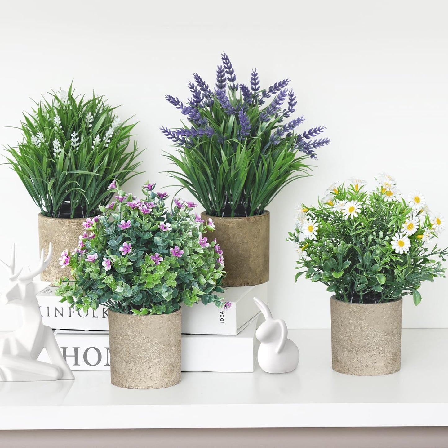 4 Pack Small Fake Plants, Artificial Eucalyptus Leaves with Flowers, Lavender & Daisy with Gray Paper Pulp Pots, Small Faux Potted Plant with Flowers for Home Decor, Indoor&Outdoor Decoration