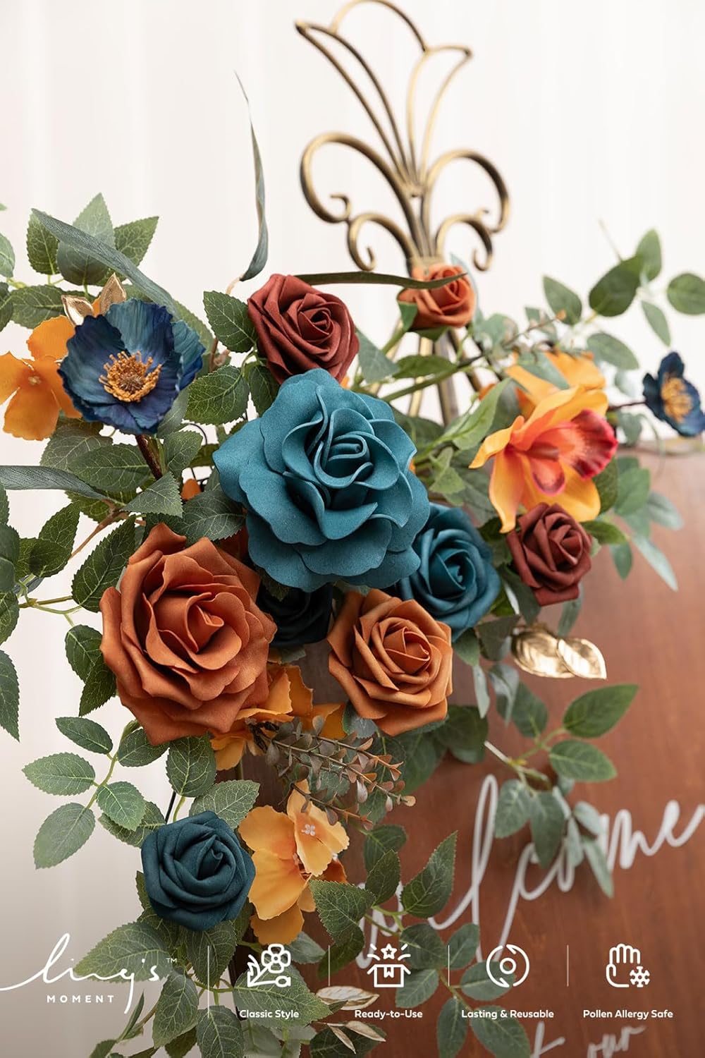 Ling's moment 2pcs Wedding Flowers Garland Artificial Floral Swag Arch Decorations Greenery Arrangements Orange & Teal Ceremony Reception Garden Easel Wall Entryway Outdoor Board(NOT Include Sign)