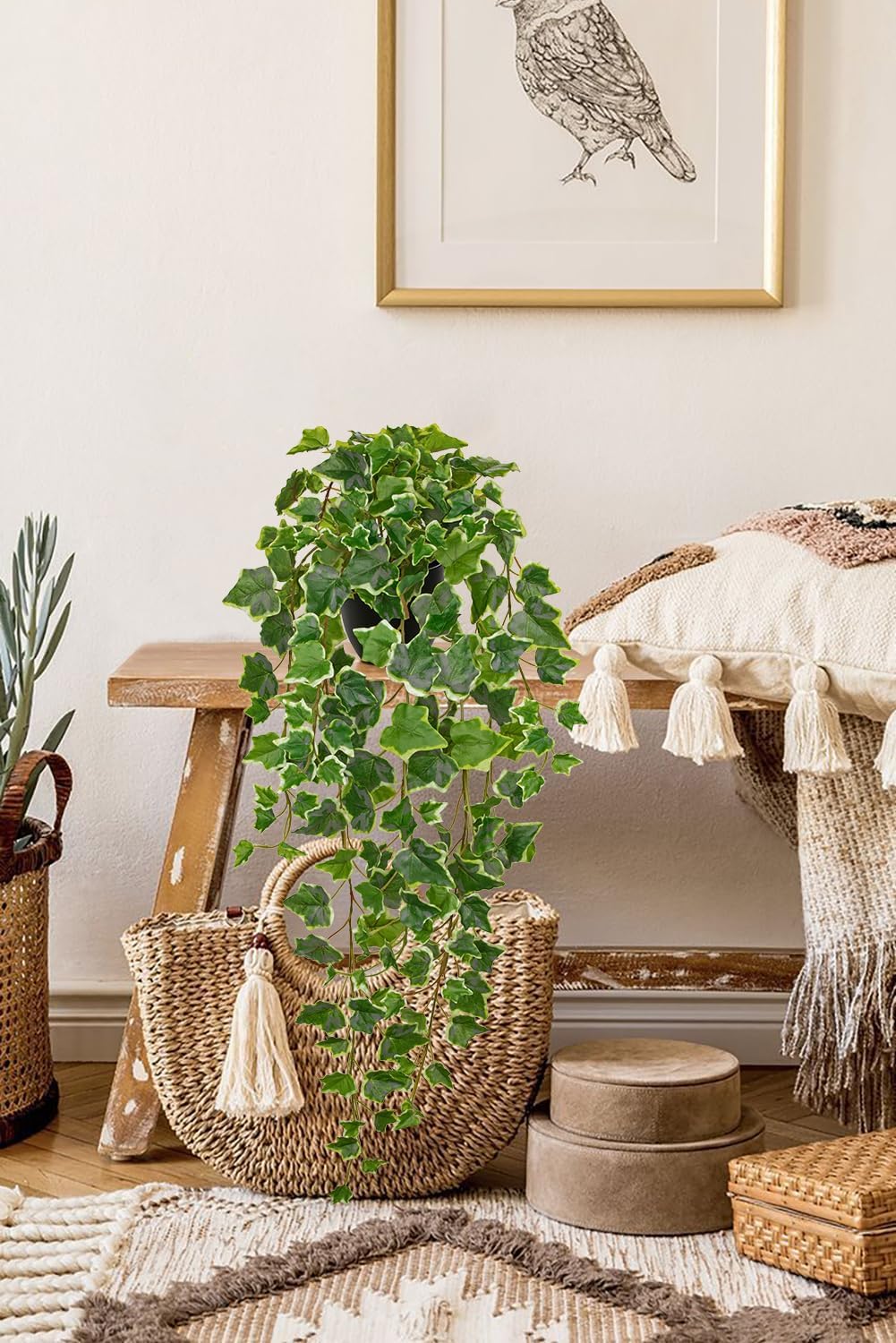 Hollyone Artificial Hanging Plants Potted 31.4" Fake Ivy Vine Faux Ivy Leaves Hanging Greenery Plant in Black Pot for Home Indoor Wall House Room Patio Shelf Office Decor
