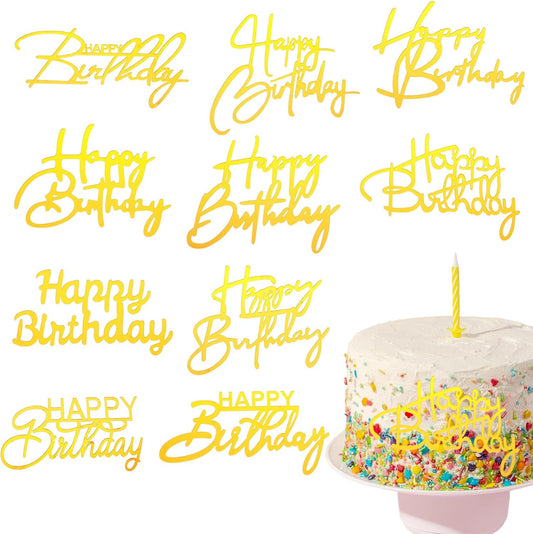 100 Pcs Happy Birthday Cake Toppers Mirror Acrylic Cupcake Topper Cupcake Decorations Happy Birthday Sign for Cake Side Inserts Decor Party Supplies 10 Style(Gold)