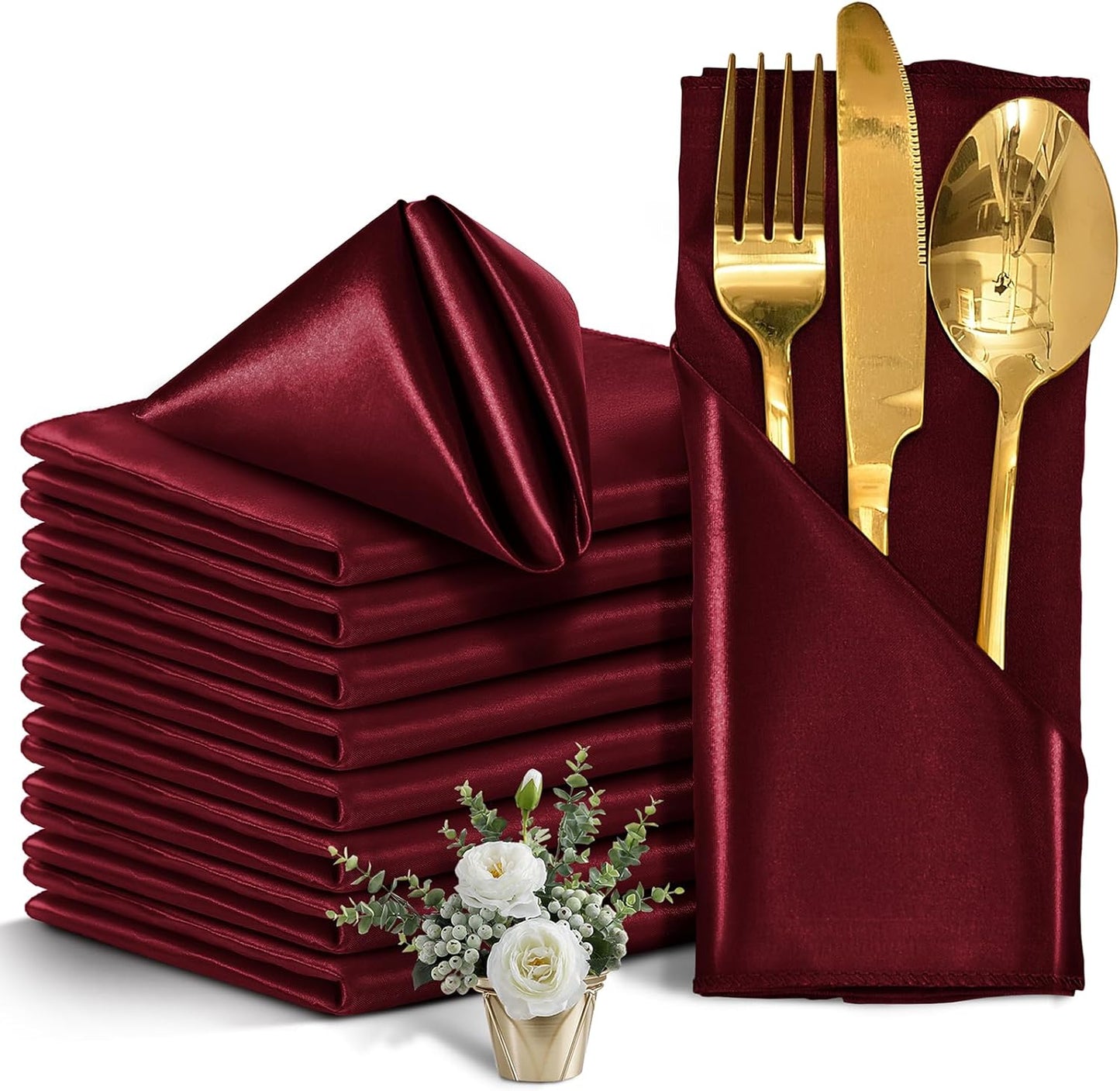 12 Pieces Burgundy Satin Napkins, 17" x 17" Square Table Napkins, Silky Soft Smooth Washable Napkins for Restaurant, Weddings, Dinner, Party Decoration