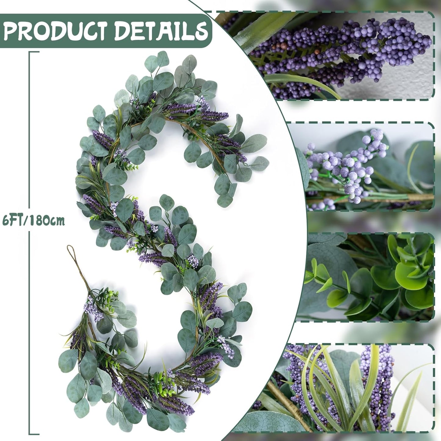 6FT Purple Flower Garlands Artificial Spring/Summer Garland Greenery Garlands Eucalyptus Garland Decoration for Baby Shower Wedding Party Table Runner Room Home Mantle Decor （Purple）