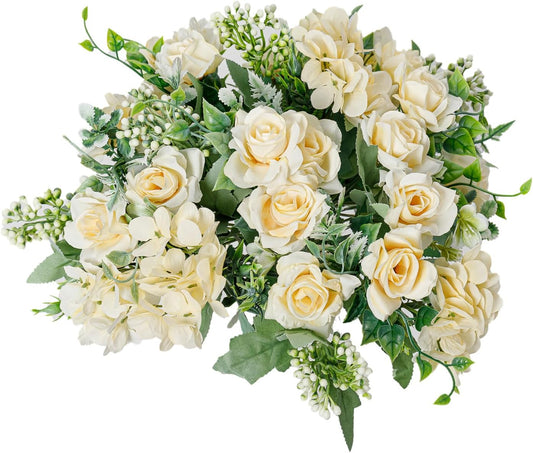 Artificial Flower 5 Branches Artificial Silk Fake Flowers Bouquet Small Roses for Wedding Home Office Tables Decor 4 Packs(Champagne)