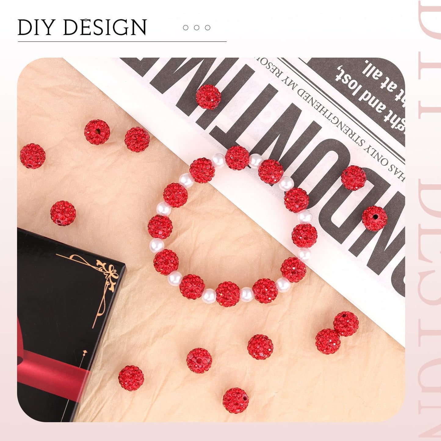 150 pcs 10mm Rhinestone Beads for Jewelry Making, Red Shiny Round Shamballa Disco Beads Bulk, Sparkle Crystal Clay Christmas for Bracelet Baseball Necklace Earring Crafting and DIY