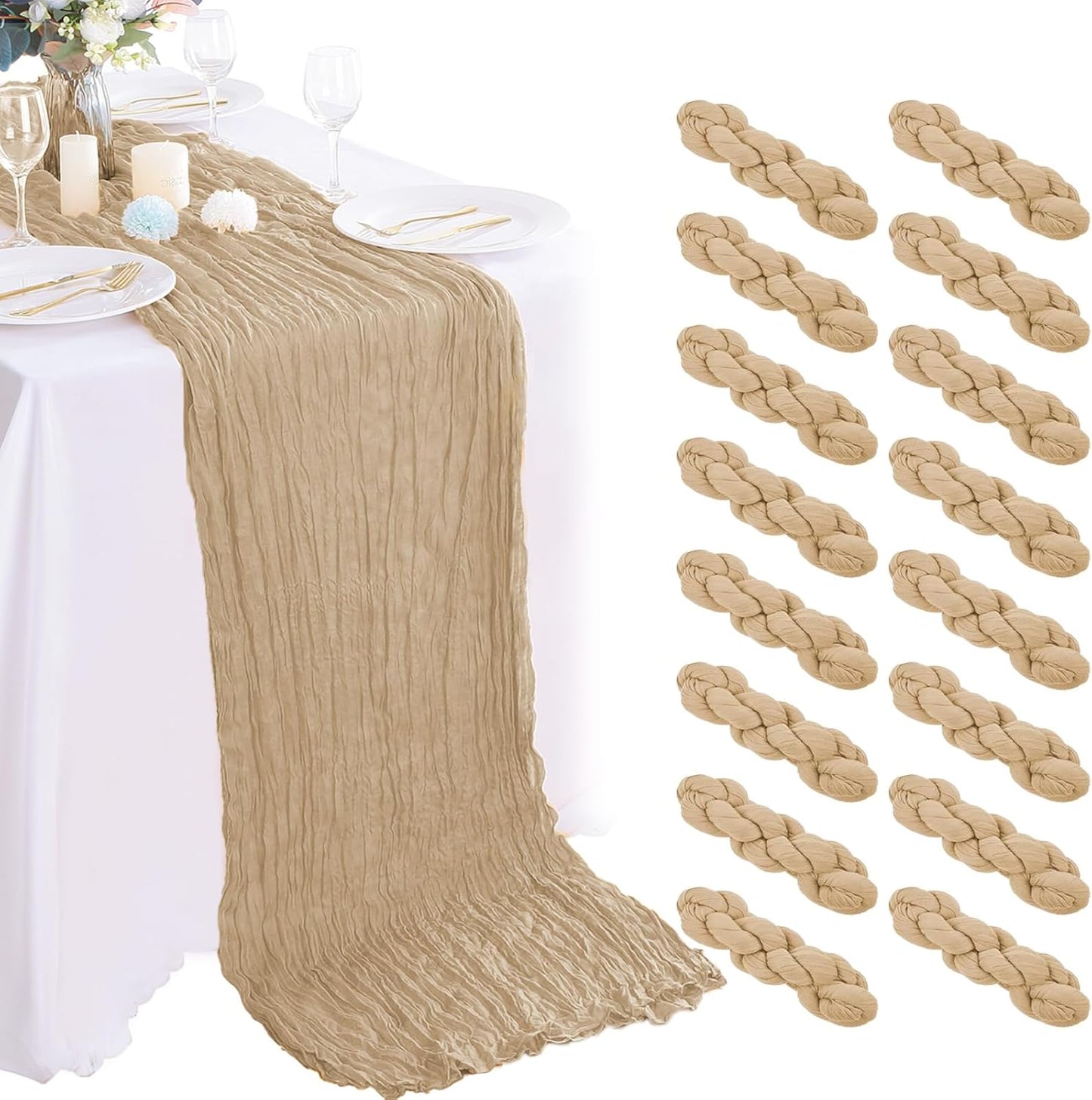 16PCS Beige Cheesecloth Table Runner - 35x120Inch Boho Gauze Cheese Cloth Table Runner Long Rustic Sheer Table Runners for Wedding Party Baby Bridal Shower Table Decor