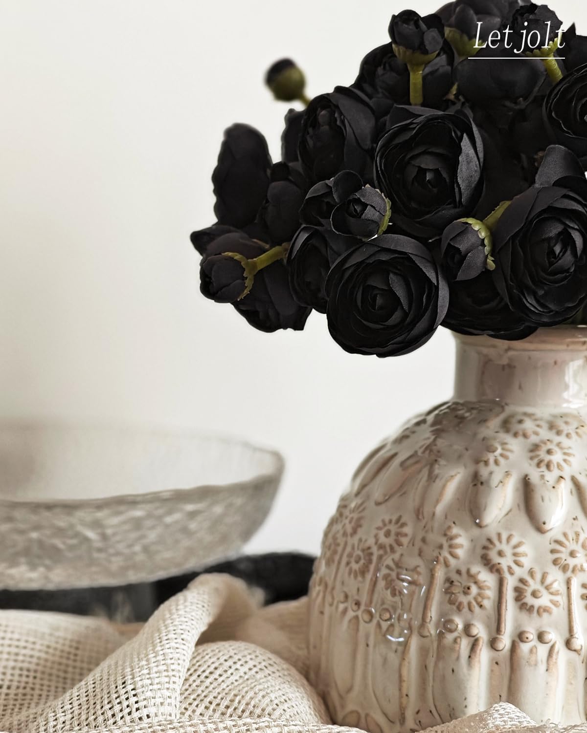 Letjolt Ranunculus Artificial Flower 18 Pcs Black Silk Ranunculus Wedding Bouquet Engagement Centerpieces Arrangements Bridal Shower Decorations Home Decor, Black