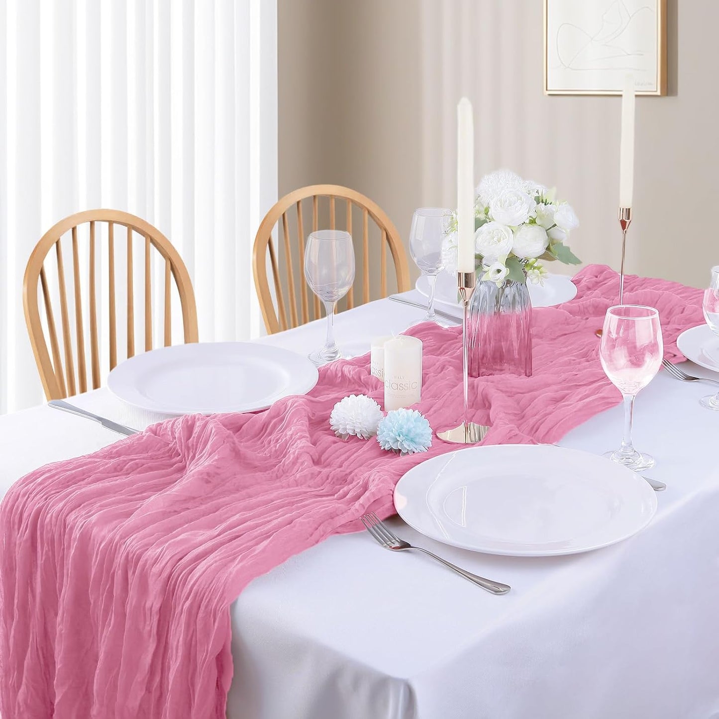 16PCS Dusty Rose Cheesecloth Table Runner 10FT Table Runner Cheesecloth 35x120Inch Boho Gauze Cheese Cloth Table Runner Long Rustic Sheer Table Runners for Wedding Party Baby Bridal Shower Table Decor