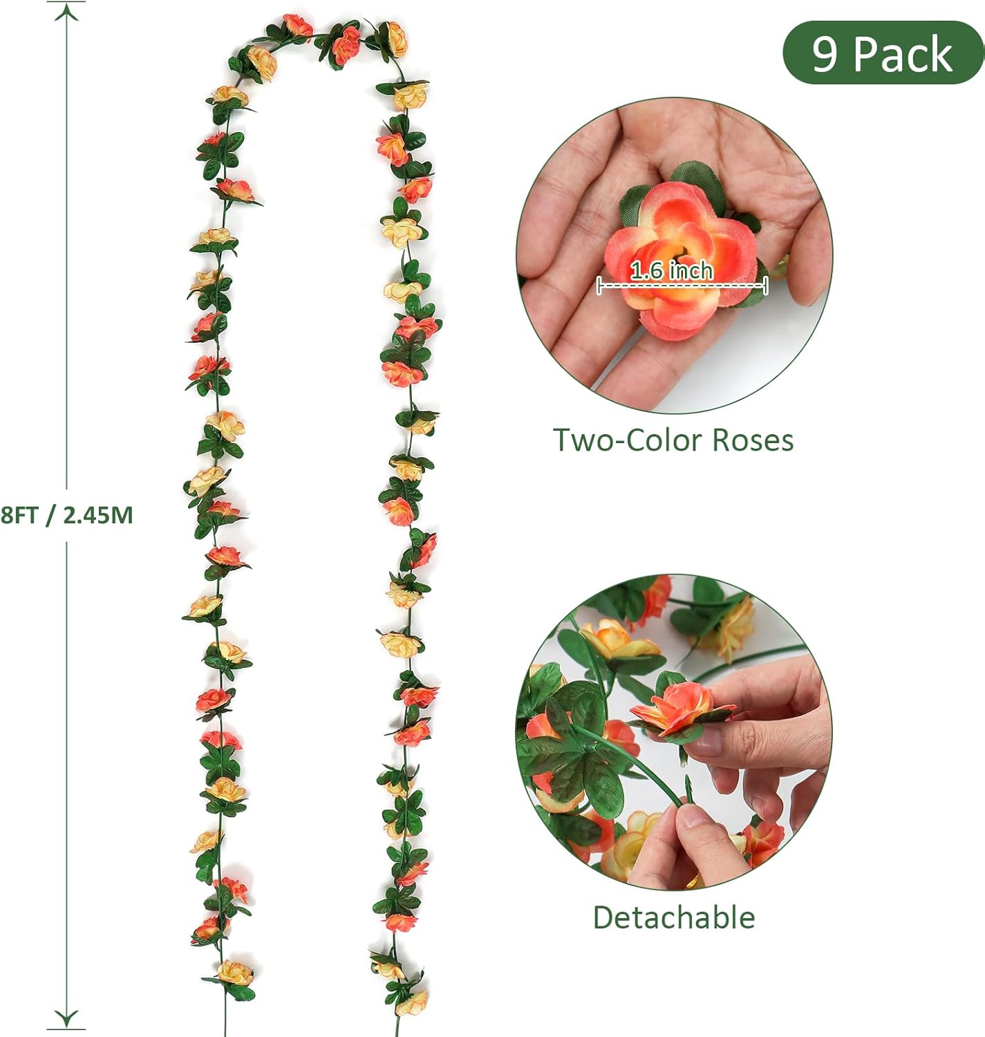 KHOYIME 9 Pack 72 FT Artificial Flower Garland, Fake Champagne Roses Vines Silk Flowers Faux Outdoor Hanging Floral Ivy Garland Decoration for Wedding Arch Bedroom Home Wall Backdrop Room Decor