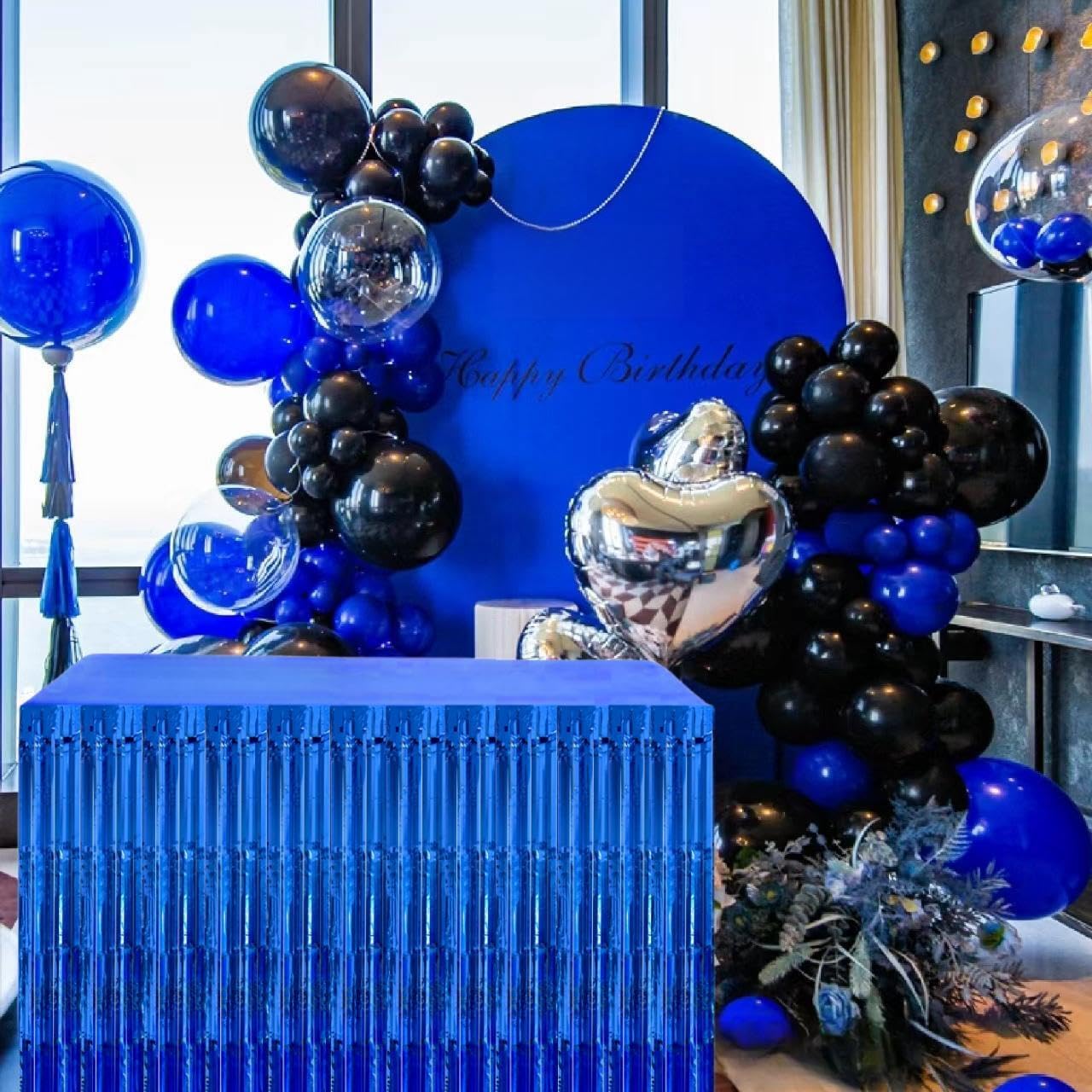 Blue Streamers Party Decorations, 2 Packs Blue Table Skirts Metallic Foil Fringe Tinsel for Birthday Under the Sea Boy Baby Shower Float Parade Mardi Gras Graduation Party Supplies -29x108Inch