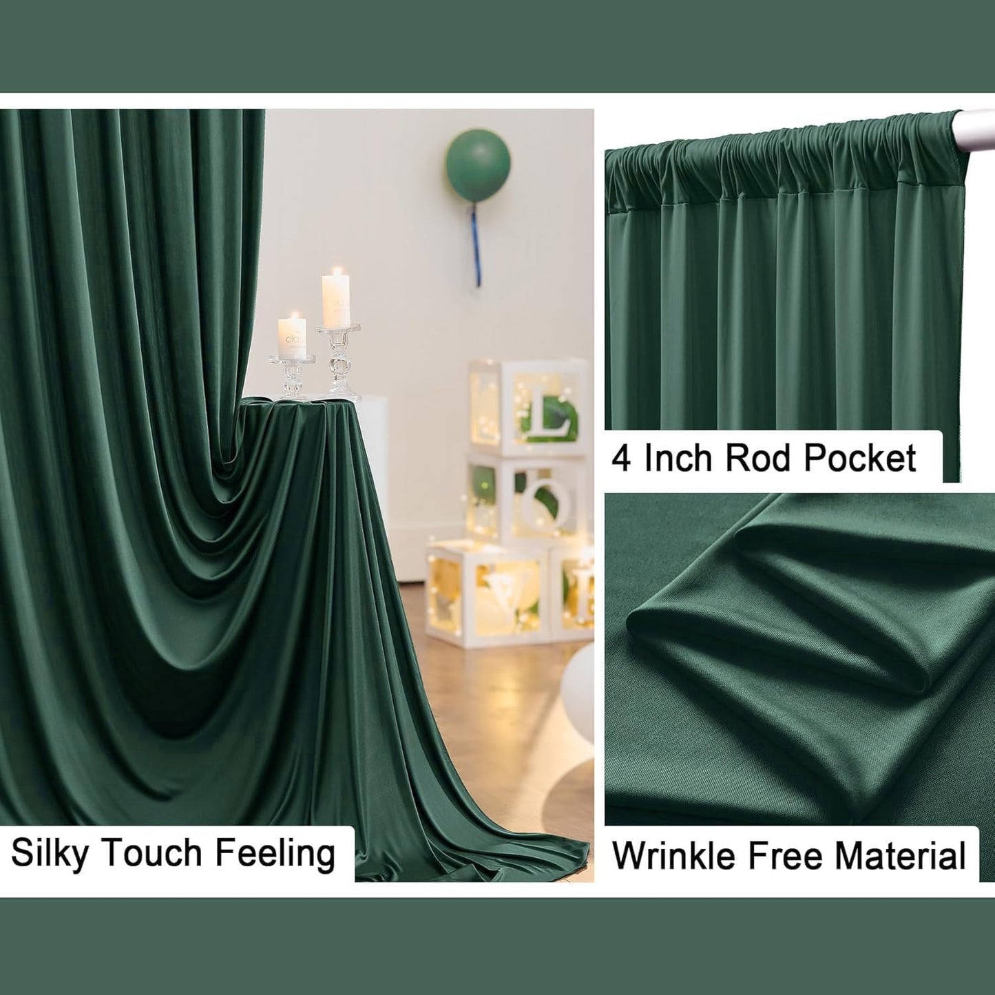 10 ft x 8 ft Wrinkle Free Hunter Green Backdrop Curtain for Parties, Fabric Dark Green Photo Backdrop Drapes 2 Panels 5x10ft for Baby Shower Wedding Birthday Party Photography Curtains