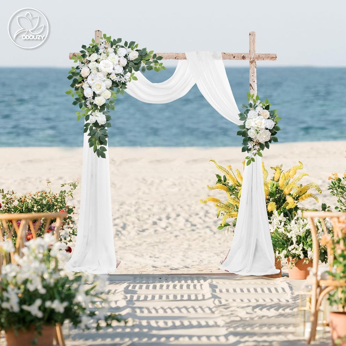 Wedding Arch Flowers Kit,Artificial Flower Arch Decor (Set of 3),2pcs Artificial Flower Arrangement with 1pc Sheer Drape for Wedding Decor Reception Backdrop Floral Decorations (Ivory White)