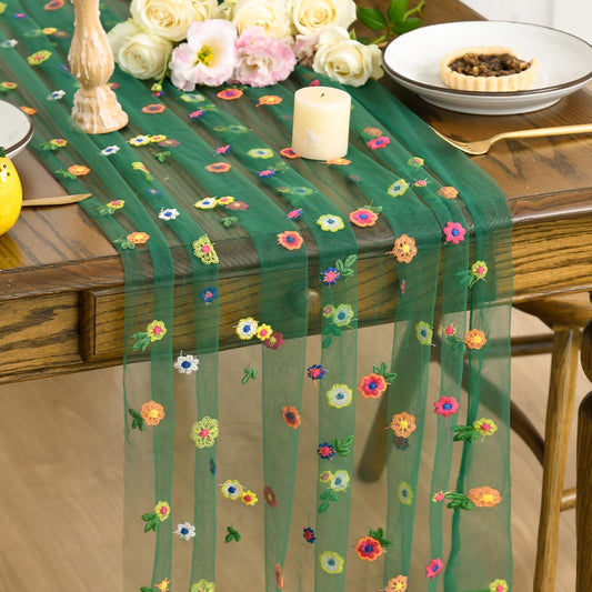 Artoid Mode Dark Green Embroidery Daisy Gauze Table Runner 120 Inch 10FT, Seasonal Sheer Kitchen Dining Holiday Wedding Birthday Table Decor for Home Party