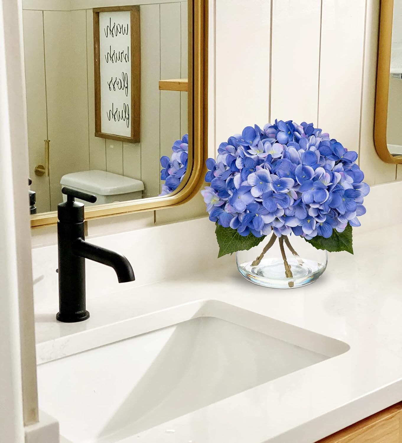 Hollyone Hydrangea Artificial Flowers with Vase Slate Blue Silk Fake Flowers Arrangements Floral Bulk Bouquet in Glass Vase with Faux Water for Home Bathroom Office Table Centerpiece Shelf Decorations