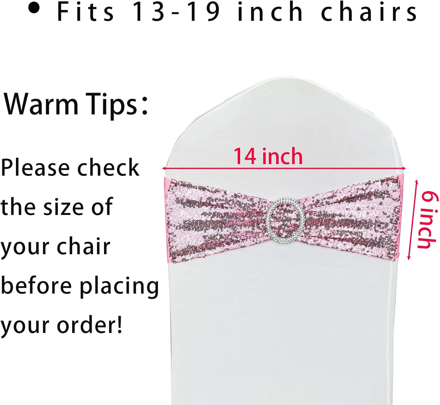 10 Pcs Chair Sashes Sequin Stretch Chair Bands Spandex Polyester Bows for Party Hotel Wedding Banquets Decoration - Pink