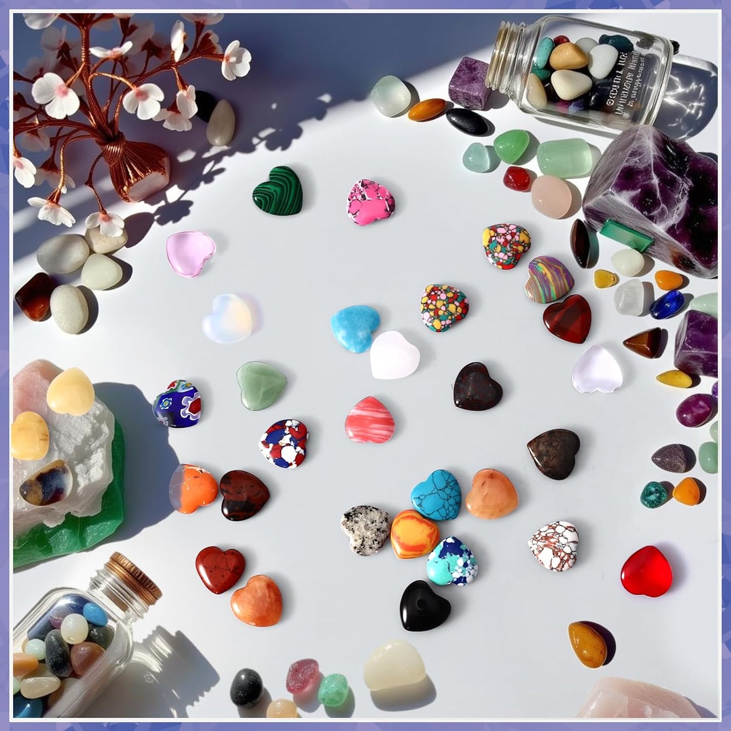 100PCS Worry Stones Heart Shape Healing Crystals, Anxiety Crystal Bulk 0.8 Inch Gem Stones Rocks Crystals Natural Cute Pocket Meditation Heart Beads Wholesale Set Gifts