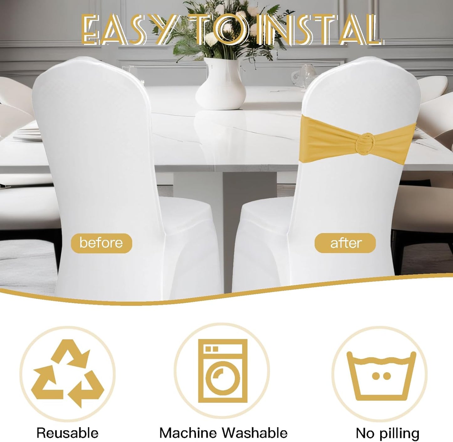 100PCS Spandex Stretch Gold Chair Sashes Bows Universal Elastic Chair Cover Bands Ties with Buckle Slider for Wedding Party Birthday Reception Event Banquet Decoration(Gold)