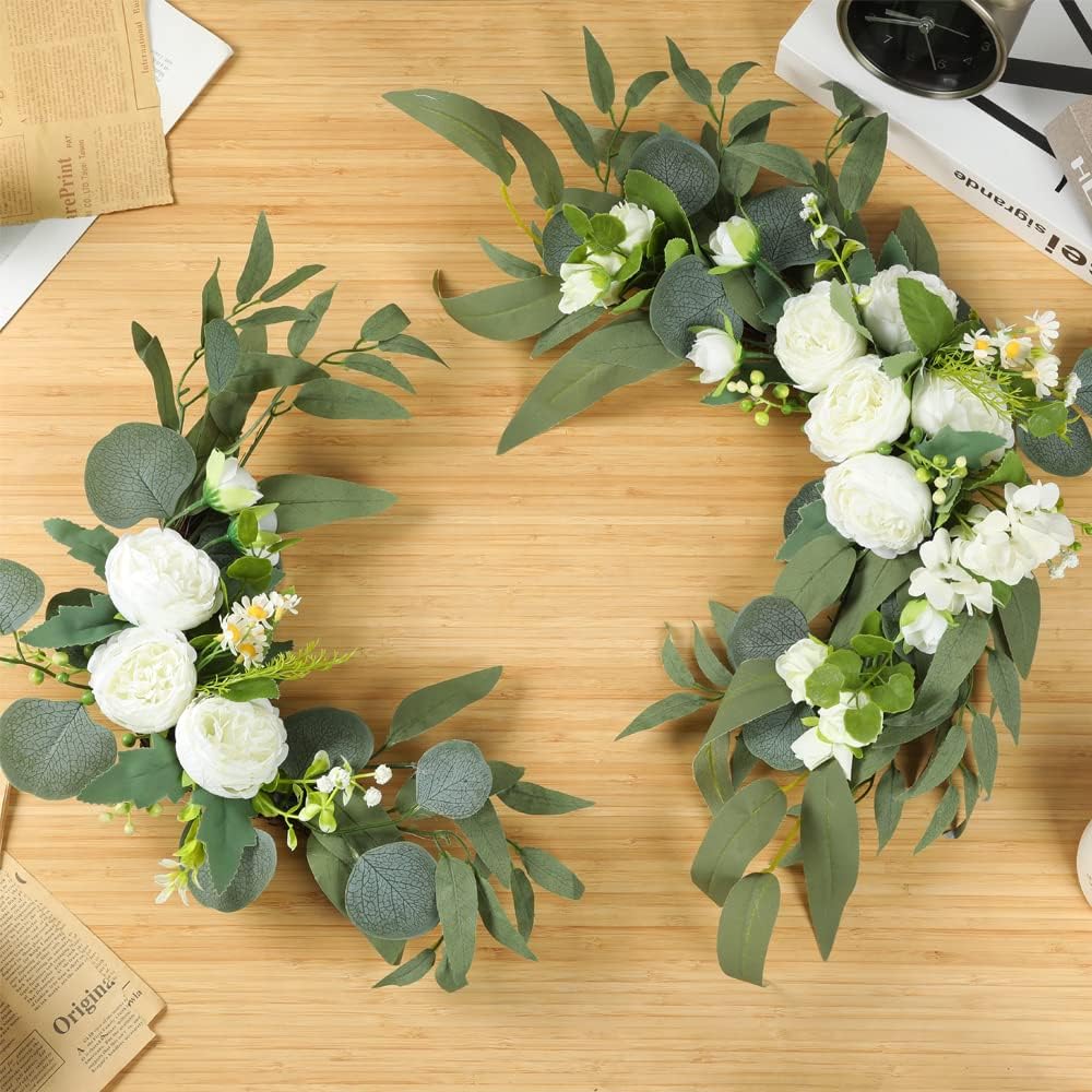 H&W 2pcs Artificial Wedding Arch Flowers for Wedding Sign, Floral Swag Dusty Decor for Reception Ceremony Backdrop(Willow Leaves-Peony-White)