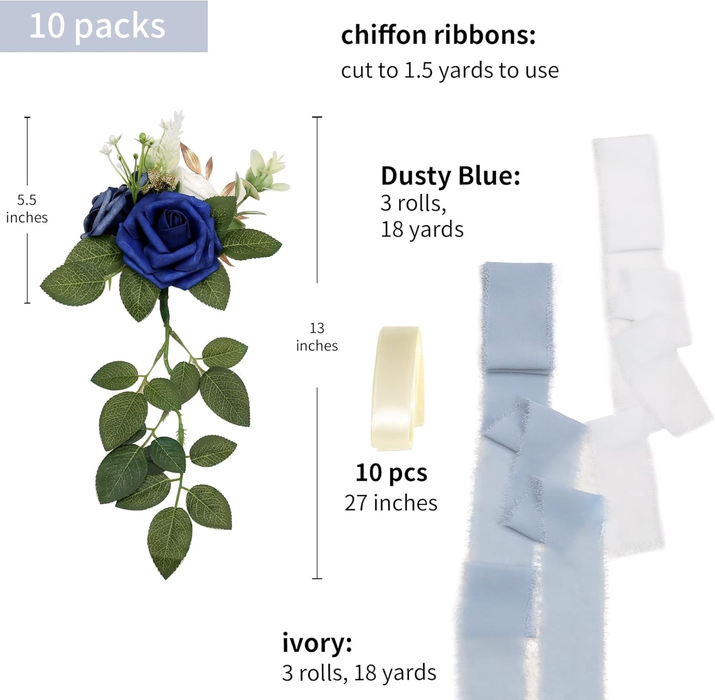 Wedding Aisle Decorations for Wedding Ceremony Set of 10 Pew Flowers for Church Chair Decorations Party Decor with Artificial Flowers Eucalyptus and Ribbons Blue