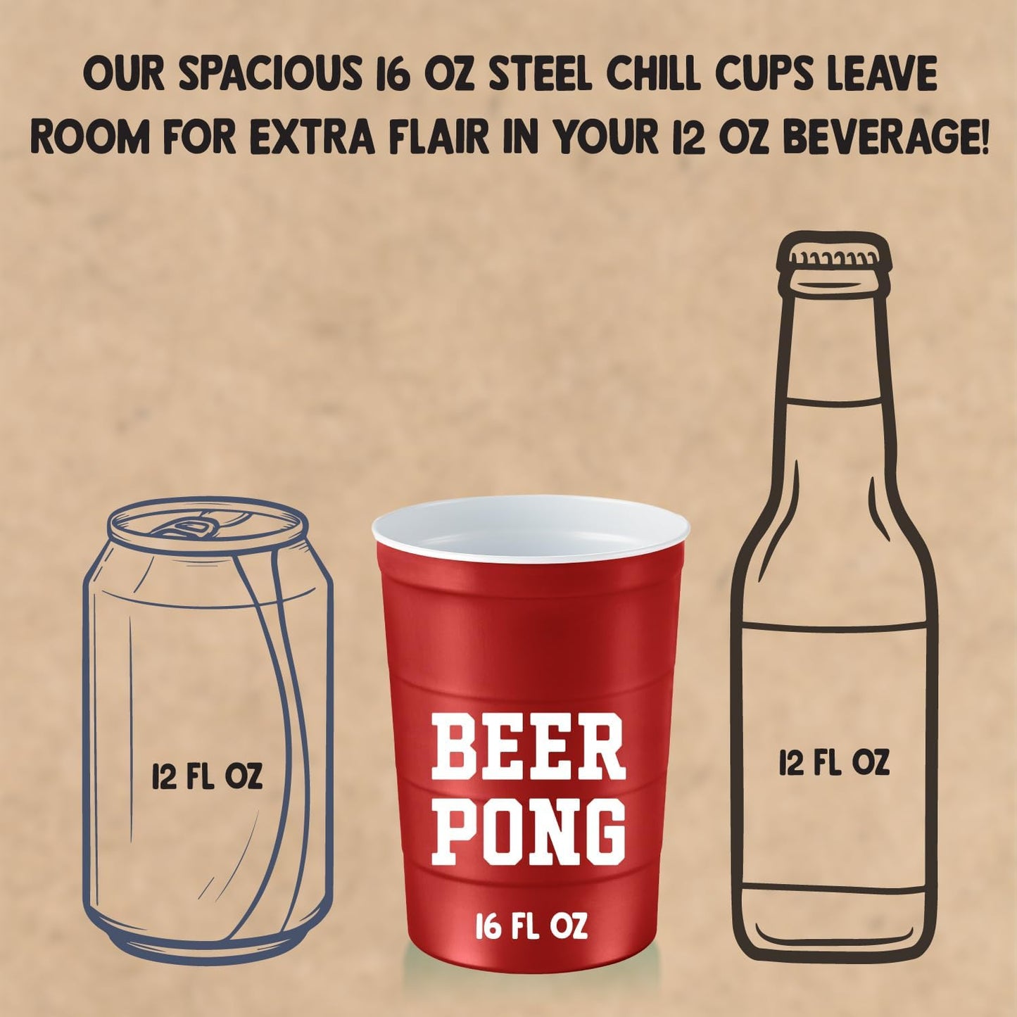 16 oz. Party Cup 'Beer Pong' Drinking Game Design for Cold Drinks, Sturdy, Durable, Disposable, Recyclable, Made in USA, Red 12 Count