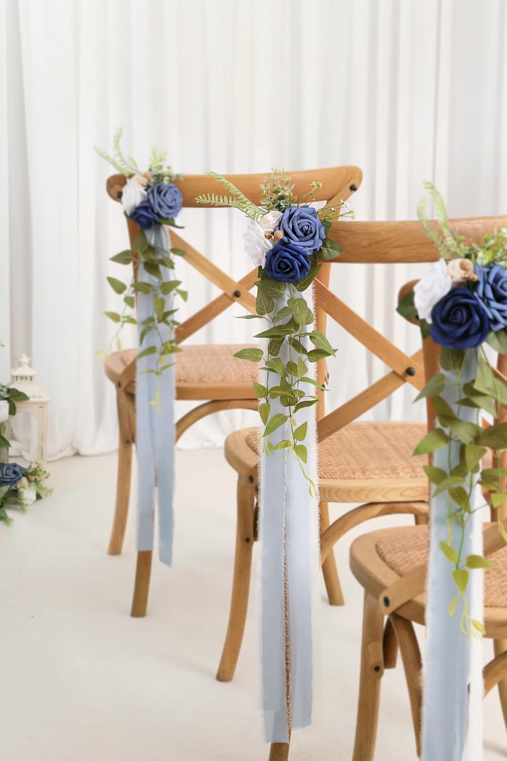 DORIS HOME Wedding Chair Decorations Blue Pew Flowers Set of 10 for Wedding Ceremony Party Aisle Decor with Artificial Flowers Eucalyptus and Ribbons
