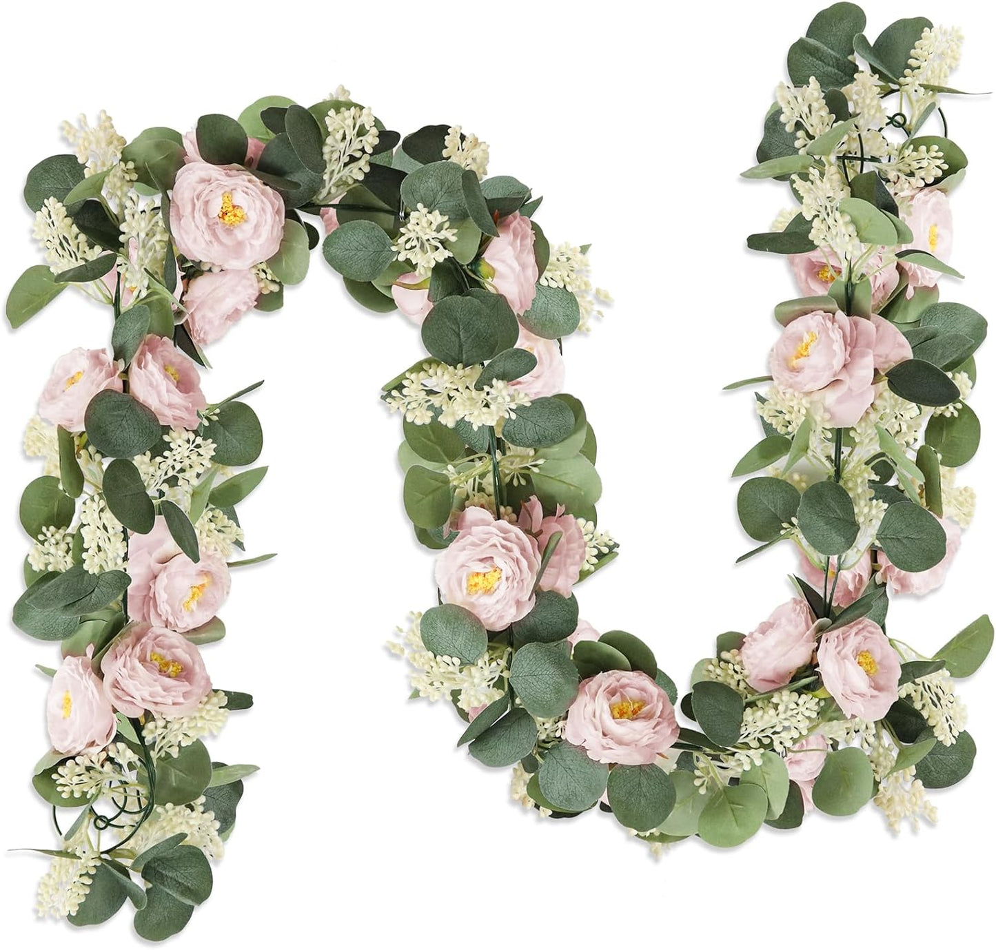 MAKHOT 2 Pcs Pink 6.6Ft Artificial Eucalyptus Flower Garland with Fake Rose Flower Vine Seeded Eucalyptus Leaves Greenery Garland for Wedding Table Backdrop Party Centerpiece Room Decor (Pink)