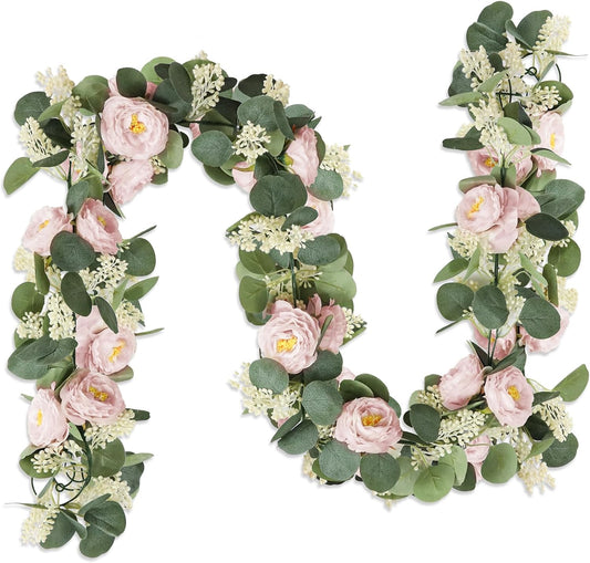 MAKHOT 2 Pcs Pink 6.6Ft Artificial Eucalyptus Flower Garland with Fake Rose Flower Vine Seeded Eucalyptus Leaves Greenery Garland for Wedding Table Backdrop Party Centerpiece Room Decor (Pink)