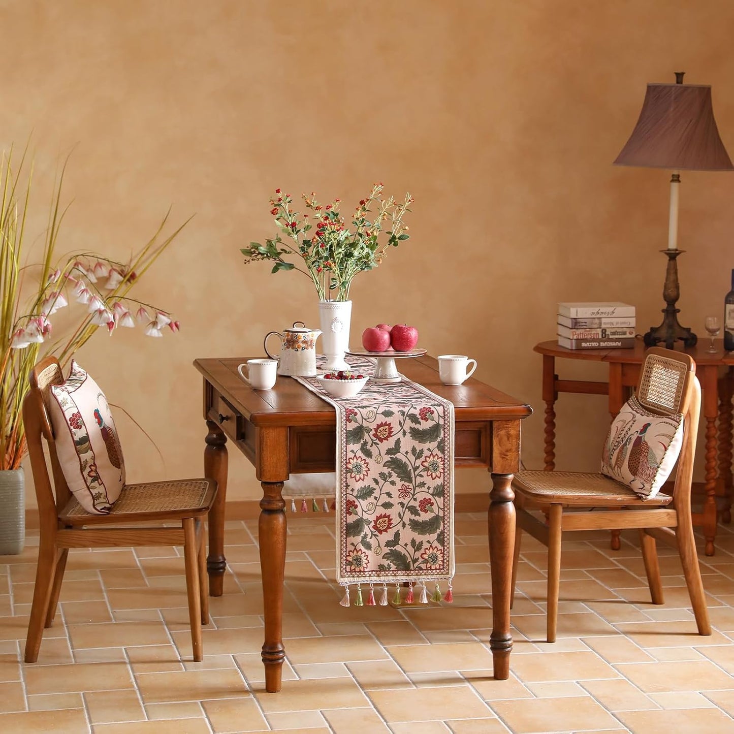 ISAENNE Designer Provence Elegant Linen Extra Long Table Runner 118 Inches,Flower and Leaves Pattern Durable Table Runners for Dining Tables,Thanksgiving,Kitchen Tables,Christmas,12"*118"-Ratina