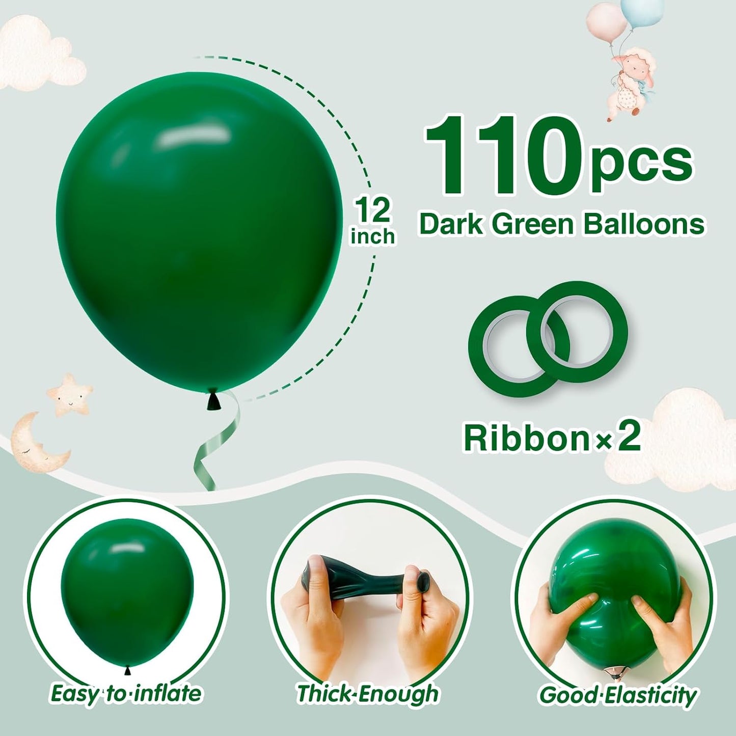 110pcs Dark Green Balloons 12 Inch Green Latex Balloon Arch Kit for Birthday Baby Shower Anniversary Graduation Wedding Party Decorations