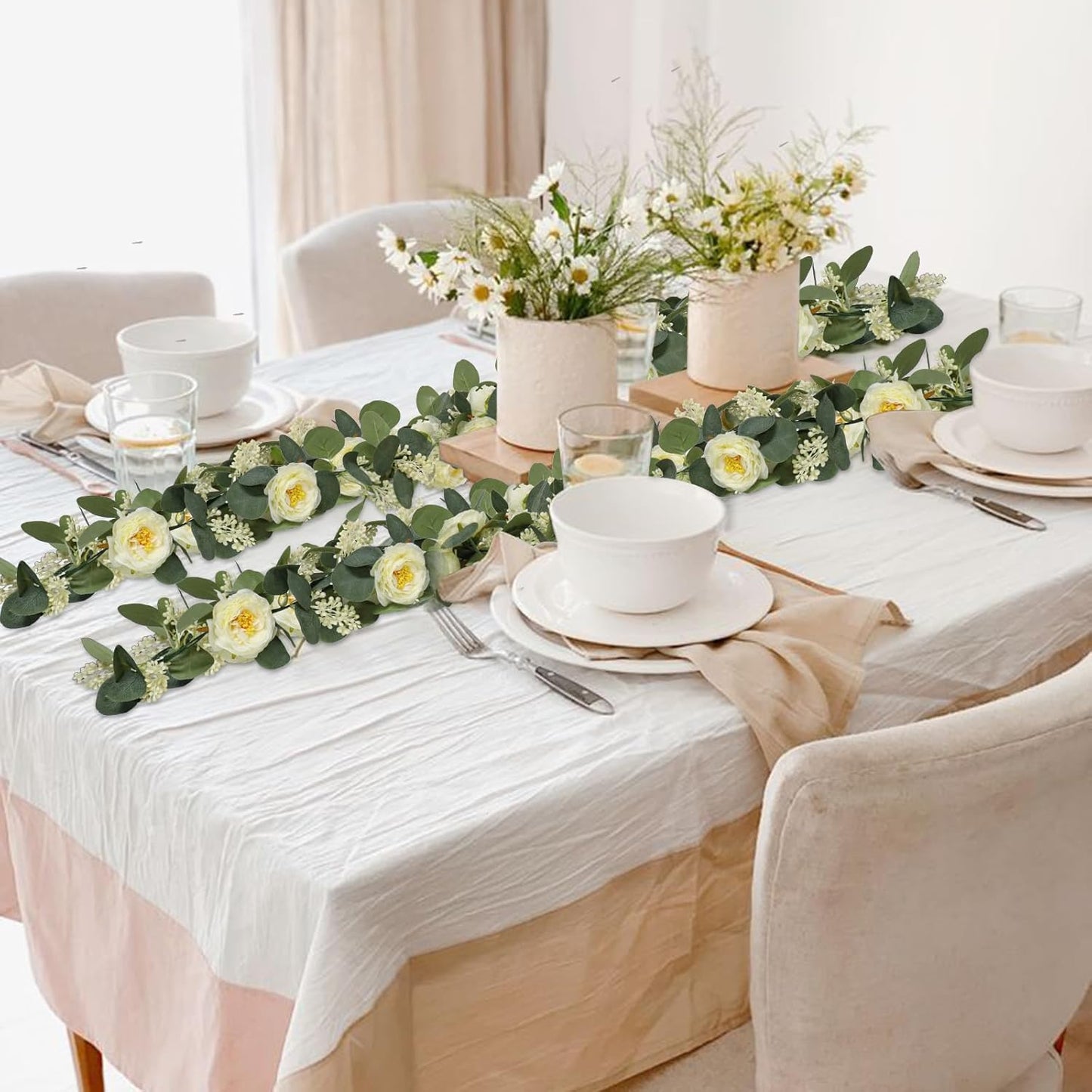 MAKHOT 2PCS Eucalyptus Garland, 6.6Ft Artificial Greenery Garlands Flower Decor, Green Spring Garland Wreath Vines Decorations for Table Home Wedding Mantle Party (Champagne)