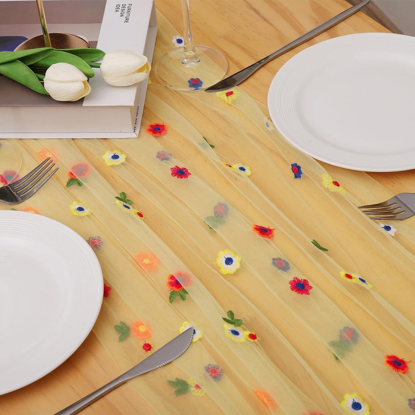 BINBE 6pcs Daisy Fall Table Runner Embroidery Gauze 10FT Florals Seasonal Tulle Holiday Birthday Kitchen Dining Table Decor for Home Party Yellow