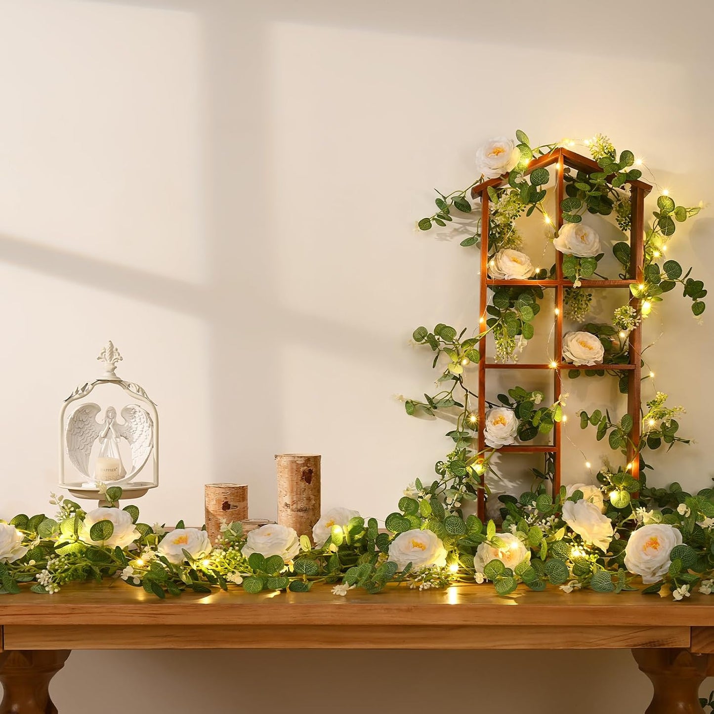 Dolicer 2Pcs 13Ft Artificial Eucalyptus Garlands with Flowers, Faux Floral Greenery Garlands with 13Ft String Lights Fake Flowers Vines for Wedding Centerpieces Arch Party Decor (White)