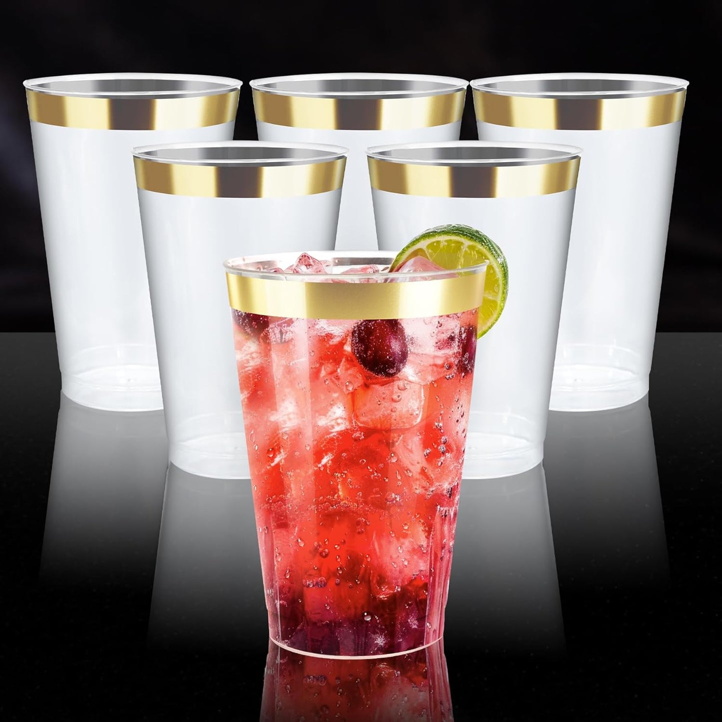 12oz Clear Plastic Cups with Gold Rimmed Sturdy & Food Safe Disposable Wine Glasses Wedding Cups Party Cups Plastic Cocktail Glasses for Wine, Juice, Cocktails and Cold Beverages [100 Pack]