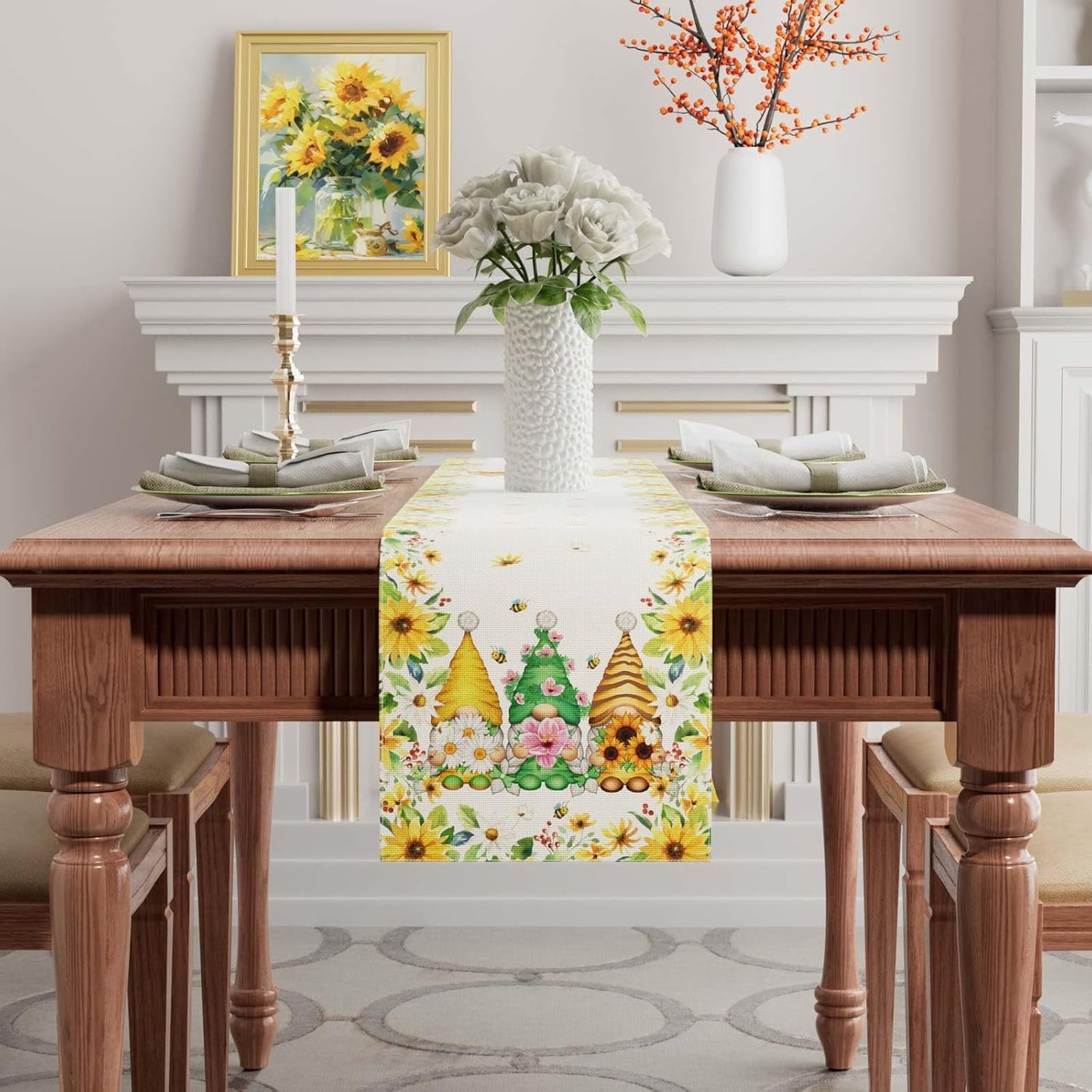 XCHI Yellow White Daisies Flowers Gnomes Spring Table Runner Burlap Table Decoration for Summer Seasonal Home Kitchen Dining Dinner Indoor Holiday Farmhouse Decor 13x48 Inch