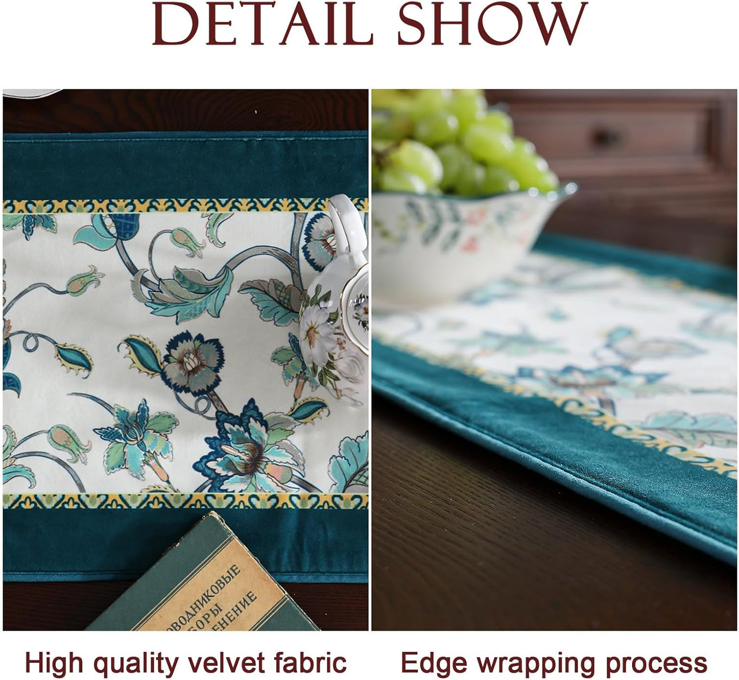 patdrea Designer Elegant French Floral Velvet Table Runner, Teal with Blossoms Pattern Table Mat, Decoration for Kitchen Dining Coffee Table Shelf Cabinet Banquet Thanksgiving,12"*102"