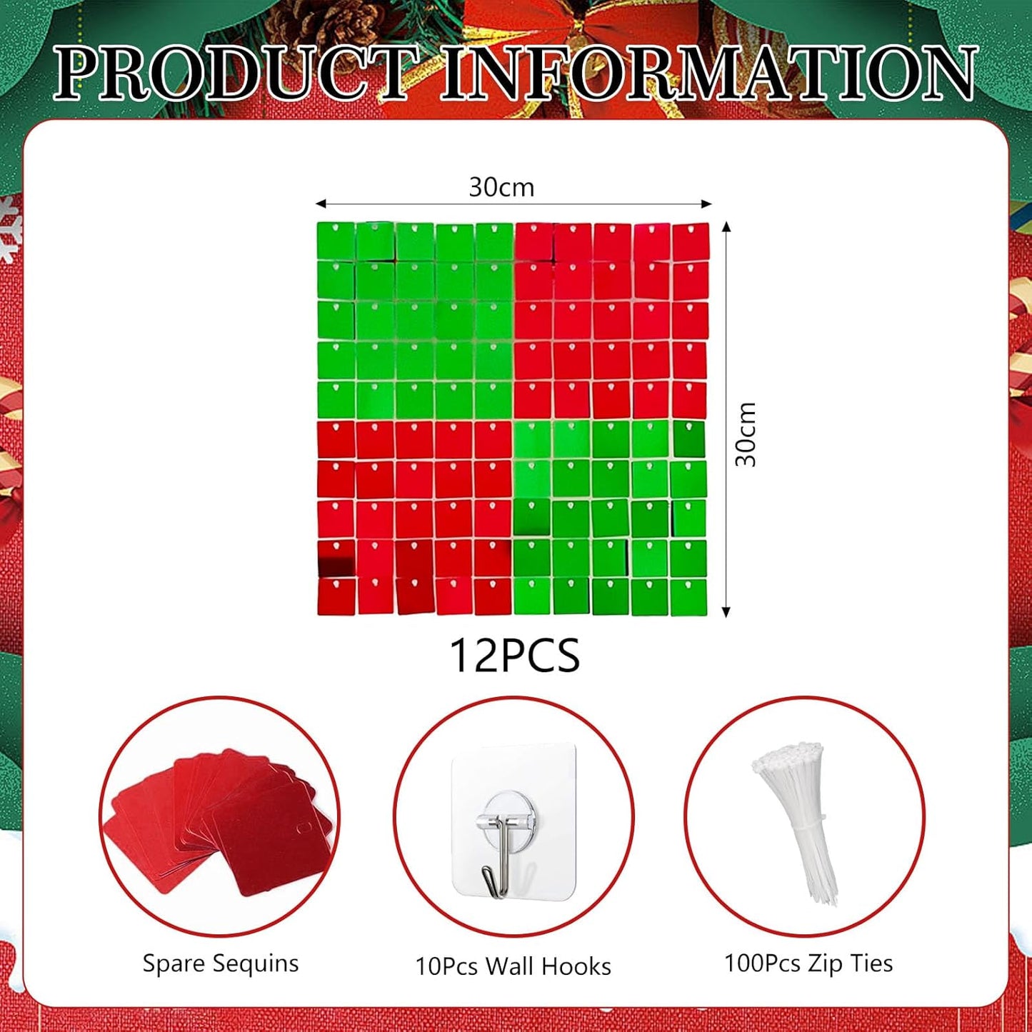 12PCS Red Green Shimmer Wall Backdrop, Laser Square Sequin Photo Backdrops Panel, Glitter Wall Background for Birthdays, Weddings, Christmas, Engagements, Disco Bachelorette Party Decor (3FTx4FT)