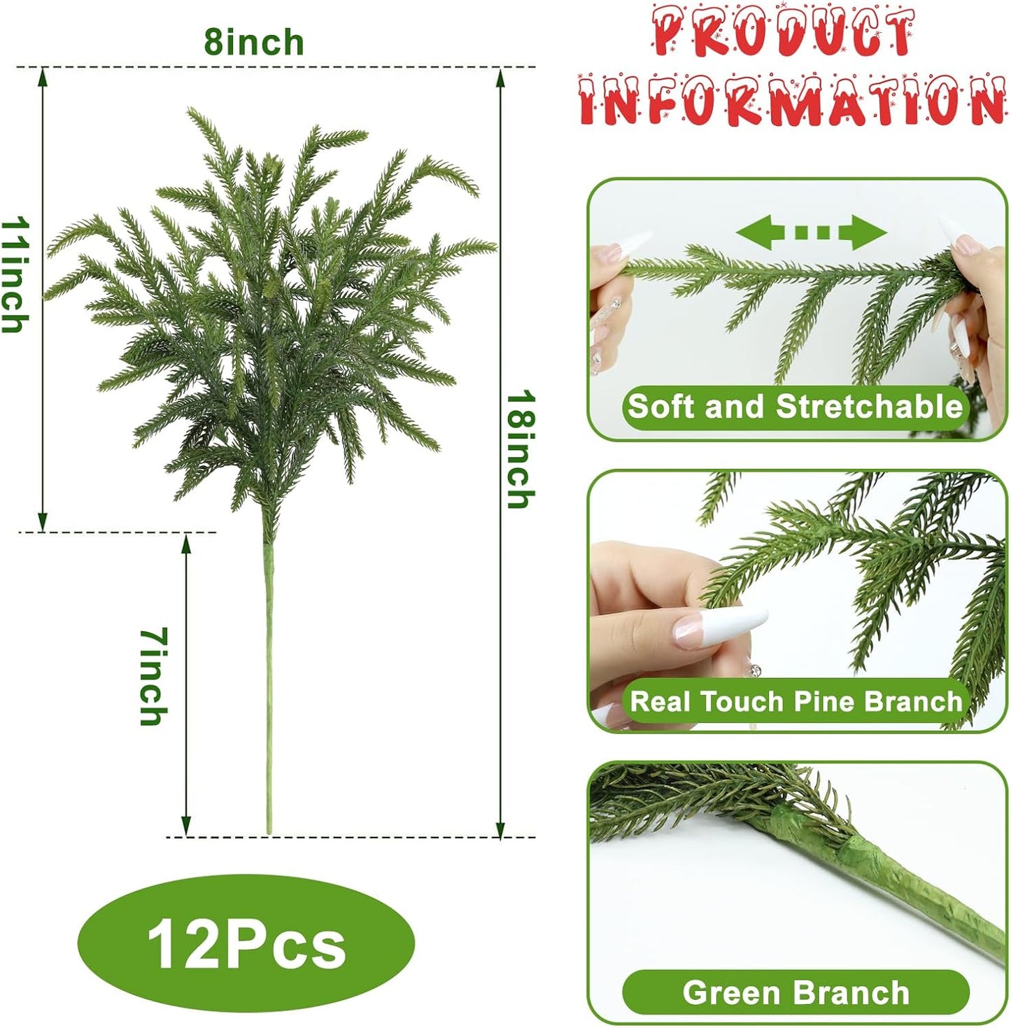 Artgar 12 Pcs Pine Branches - 18 Inch Artificial Green Pine Stem - Real Touch Christmas Greenery Pines Branches for DIY Flower Arrangement Home Indoor Christmas Decor