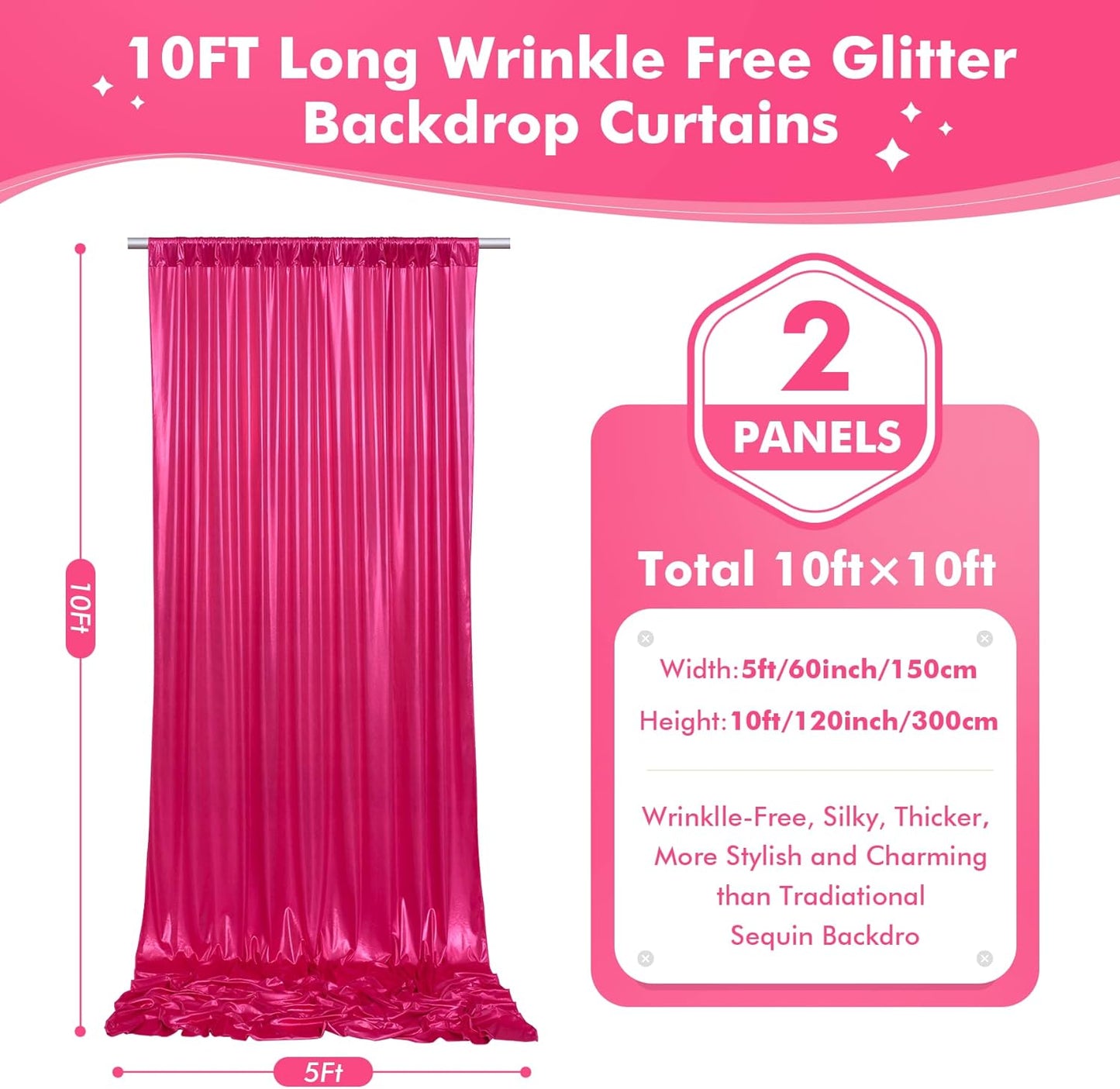 10x10ft Shimmer Hot Pink Sequin Backdrop Curtain for Parties, Thick Wrinkle Free Glitter Fuchsia Photo Backdrop Drapes Curtains for Birthday Wedding Halloween Photography Background-2 Panels 5x10ft