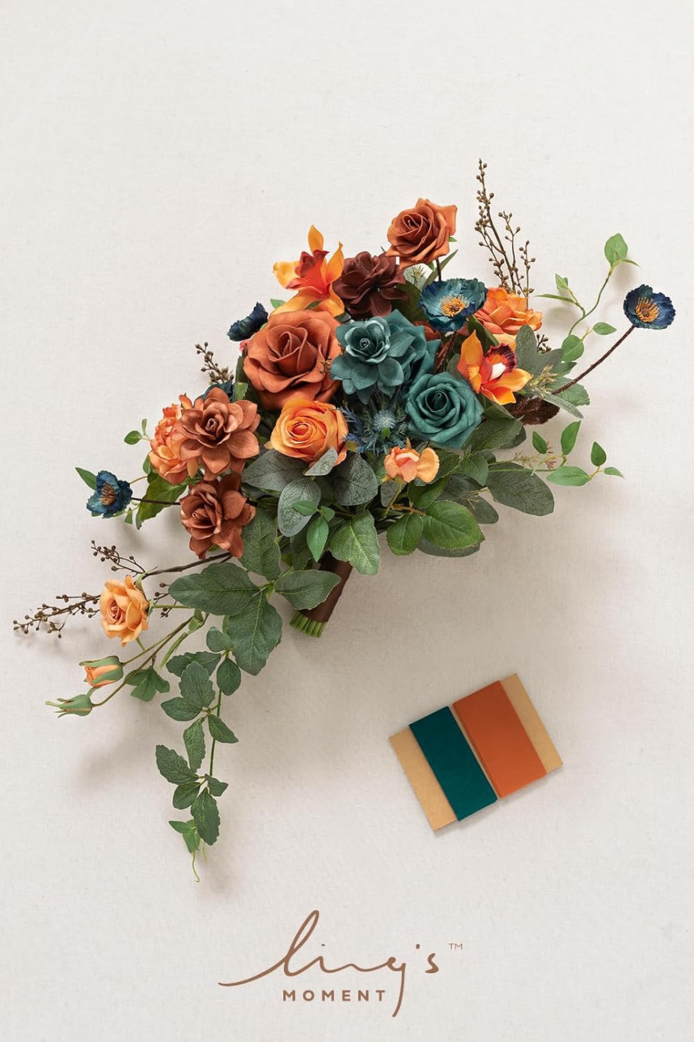 Ling's moment Teal Bridal Bouquet Cascading, Burnt Orange Wedding Bouquets for Bride, 13 Inch Terracotta Rust Fall Artificial Wedding Flower Bouquet