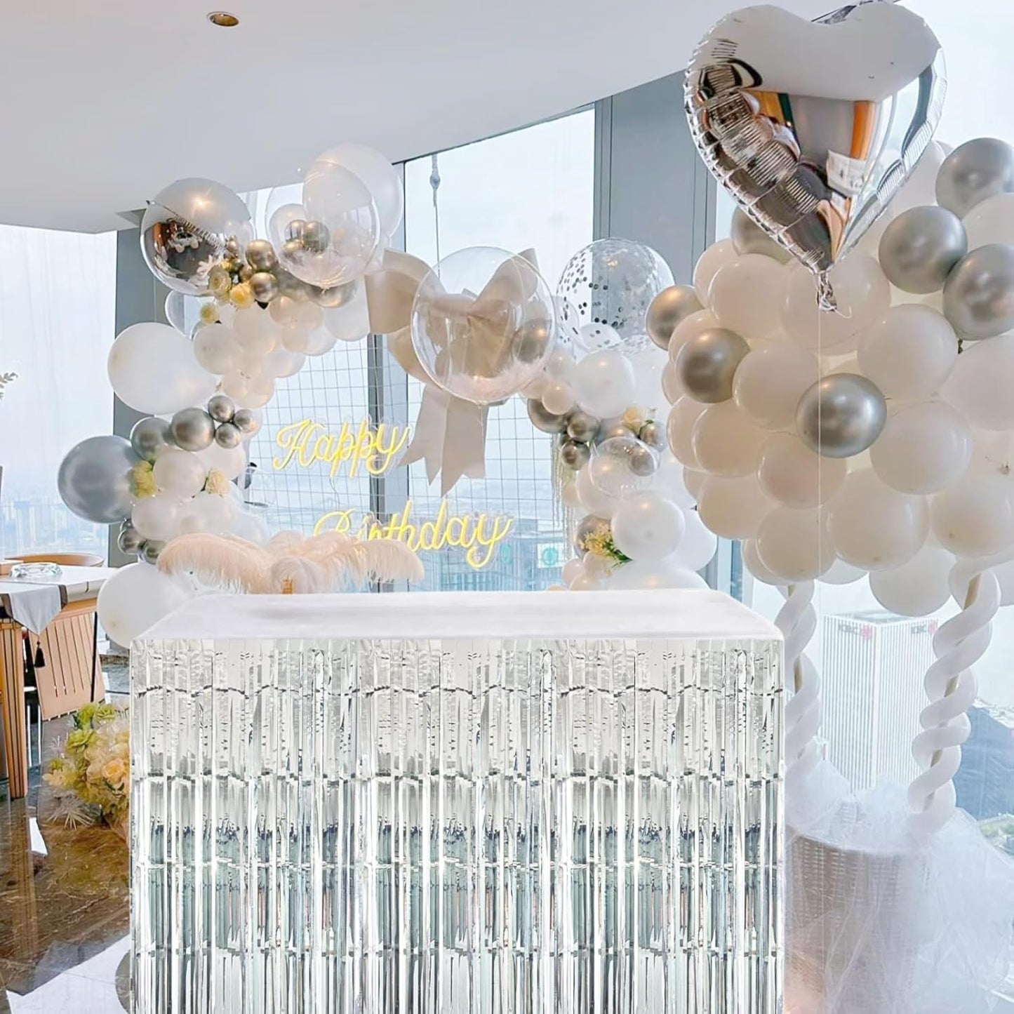 Silver Streamers Party Decorations, 2 Packs Silver Table Skirts Metallic Foil Fringe Tinsel for Birthday Disco Bachelorette Baby Shower Wedding Graduation Float Parade Party Supplies - 29x108 Inch