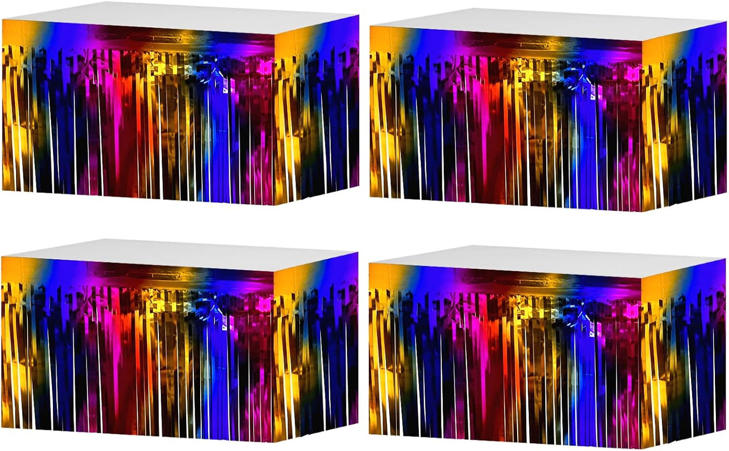 4 Pack 29x108 Inch Metallic Foil Fringe Tinsel Table Skirts for Rectangle Tables Streamer Backdrop for Wedding, Birthday, Parade Floats, Christmas, Halloween Party Decoration(Rainbow)