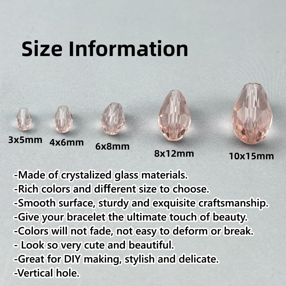 130pcs 6x8mm Teardrop Crystal Glass Beads for Jewelry Making, Faceted Vertical Hole Teardrop Glass Spacer Beads for Wind Chimes Bracelet Earring Necklace DIY Craft(Pink)