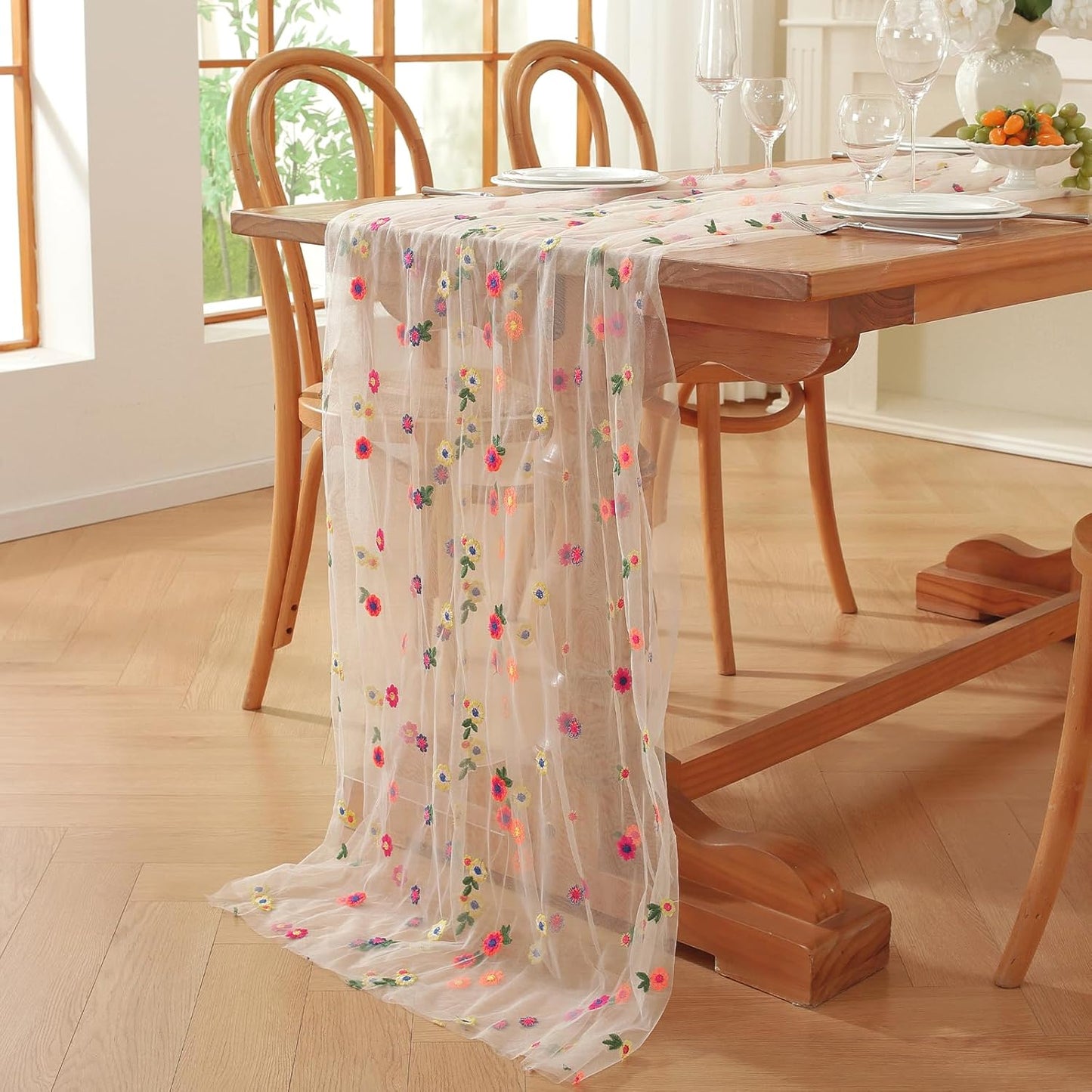 White Embroidery Daisy Fall Table Runner 120Inch 10FT Florals Soft Sheer Tulle Fabric Table Runner for Home Decor, Brithday, Wedding, Baby Shower ,Holiday ,Parties, DIY Craft,1PC