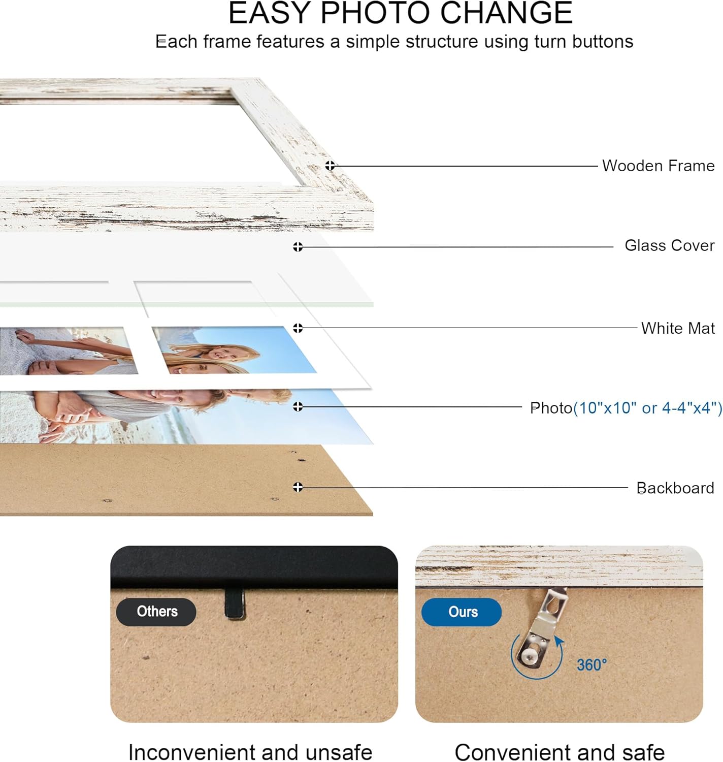 10x10 Picture Frame Set of 2, Real Glass and Distressed White Collage Frame, Display Pictures Four Opening 4x4 With Mat or 10 x 10 Without Mat for Wall Hanging or Tabletop
