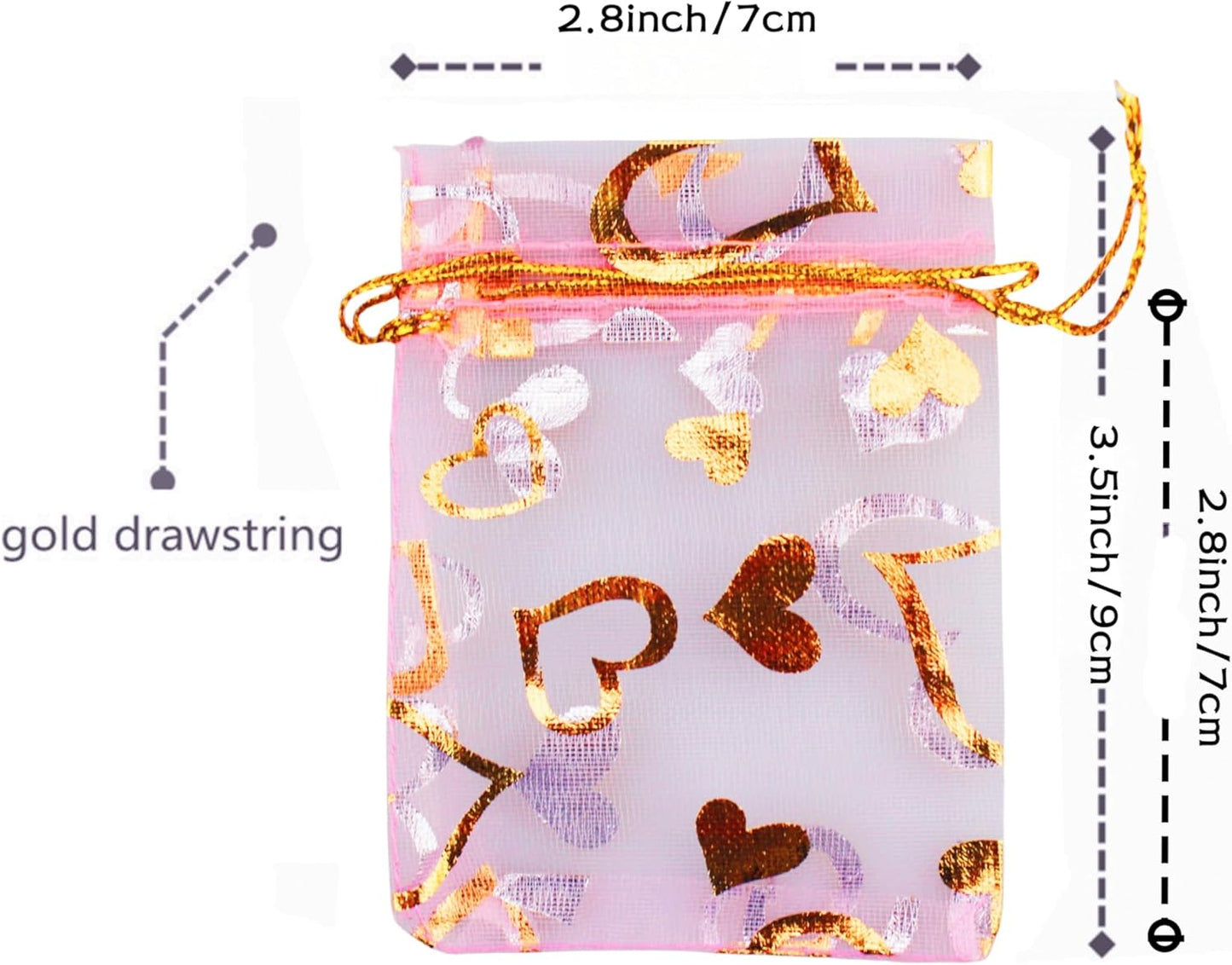100 Pack 2.8 x 3.5 Inch Flower Heart Organza Jewelry Gift Pouch Candy Pouch Drawstring Wedding Favor Bags B511S (pink gold heart)