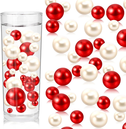 100PCS Red White Faux Pearls Beads for Centerpiece Vases, Vase Filler Faux Pearls, No Holes Filler Beads for Party Anniversary Birthday Wedding Table Decor, 14/20/30mm